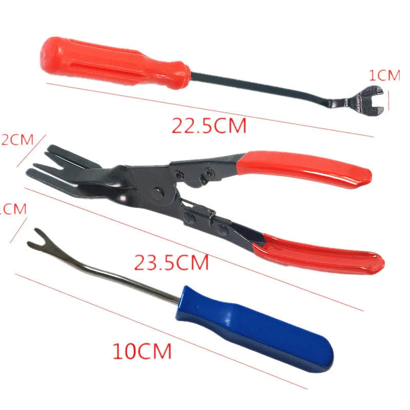 Red-handled steel pliers for automotive door panel clip fastening on GM vehicles.