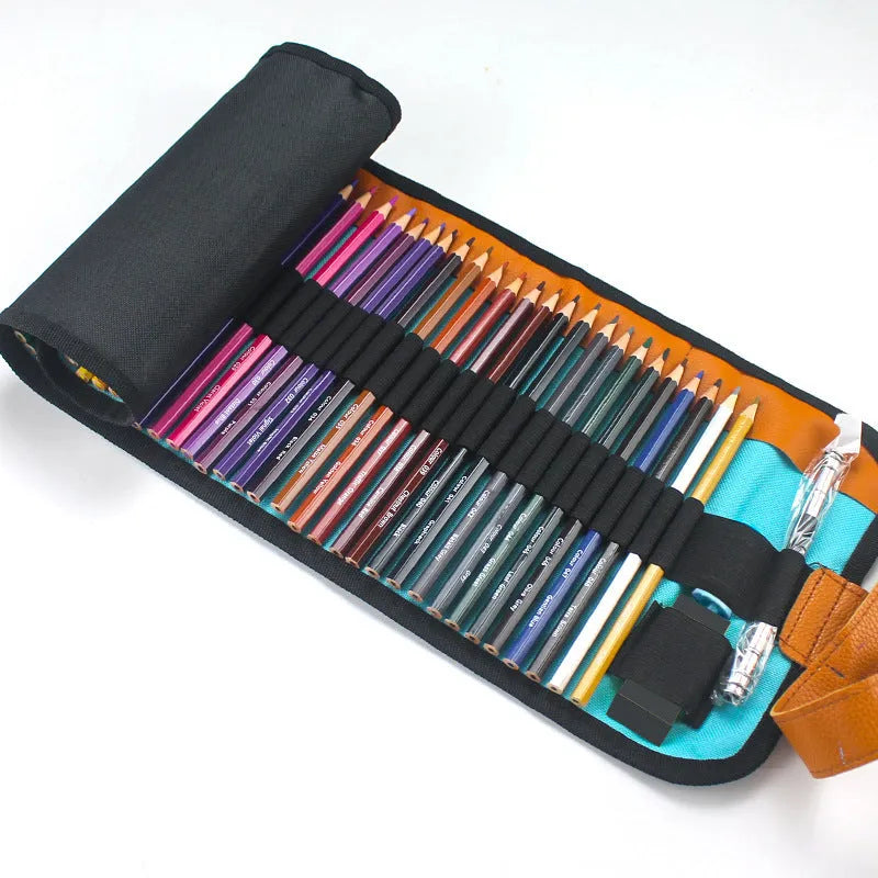 Wooden case open to show 50 coloured pencils for oily painting, made from basswood.