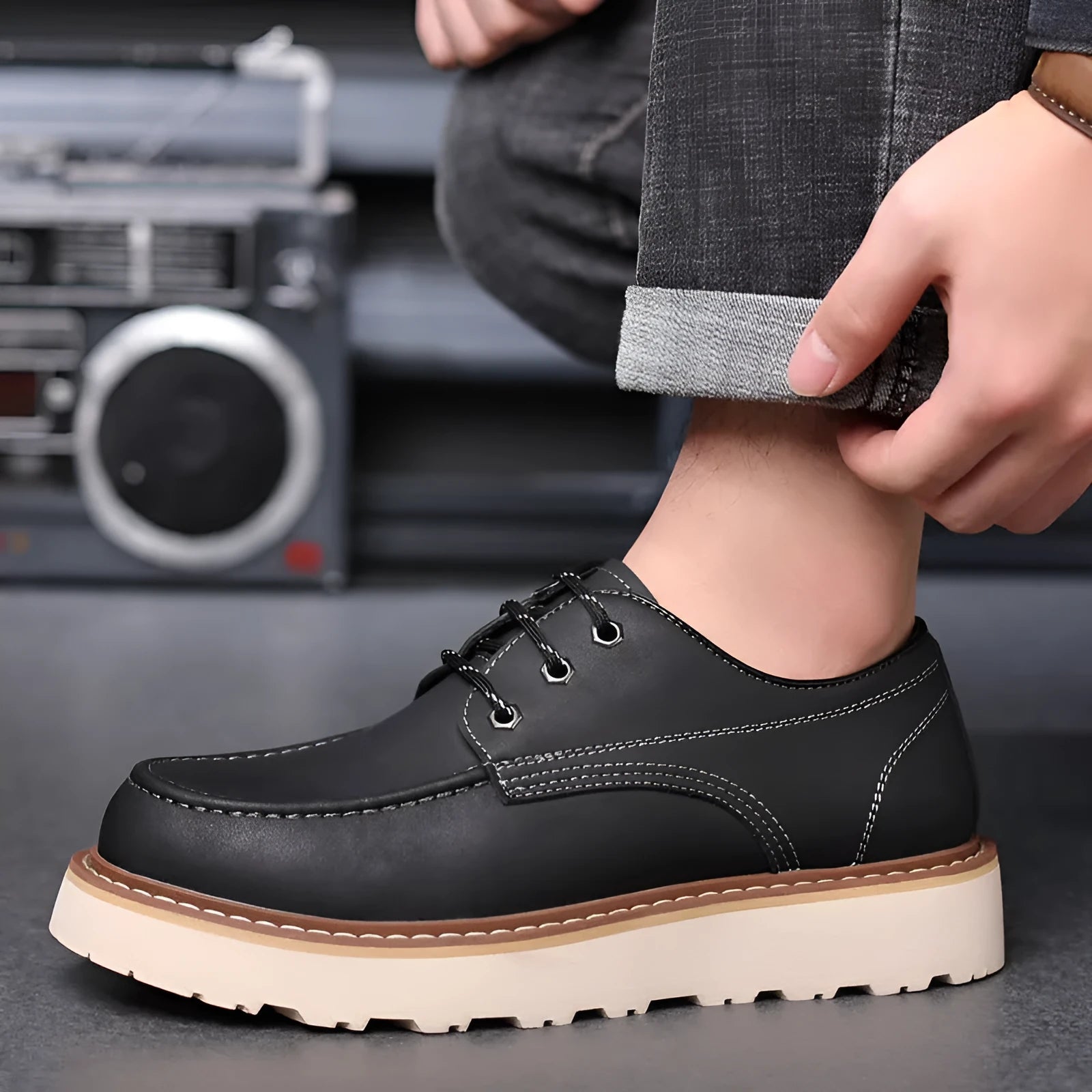 Men's black retro low-top casual worker boots with a rounded toe and rubber sole.
