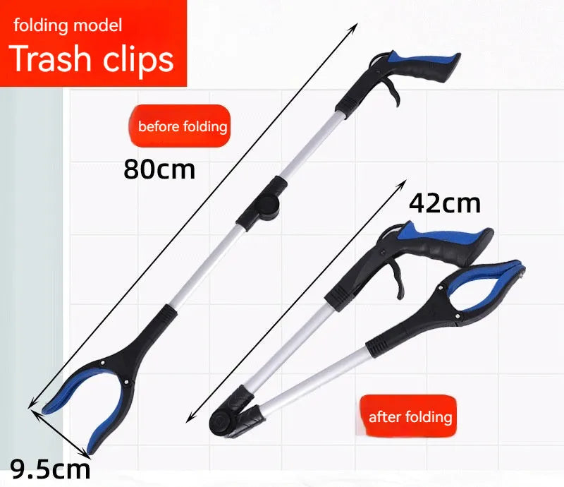 Folding aluminium alloy trash clamp with magnet sucker, shown extended to 80cm and collapsed to 42cm