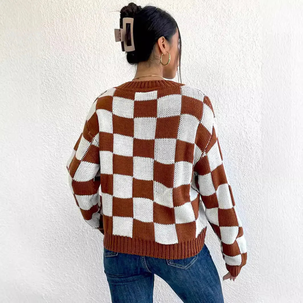 Dark brown plaid pattern men's acrylic pullover sweater with round neck and long sleeves.