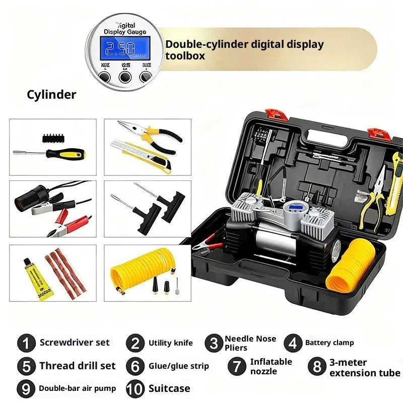 150W double cylinder air pump with digital display toolbox and tyre pressure gauge for car use