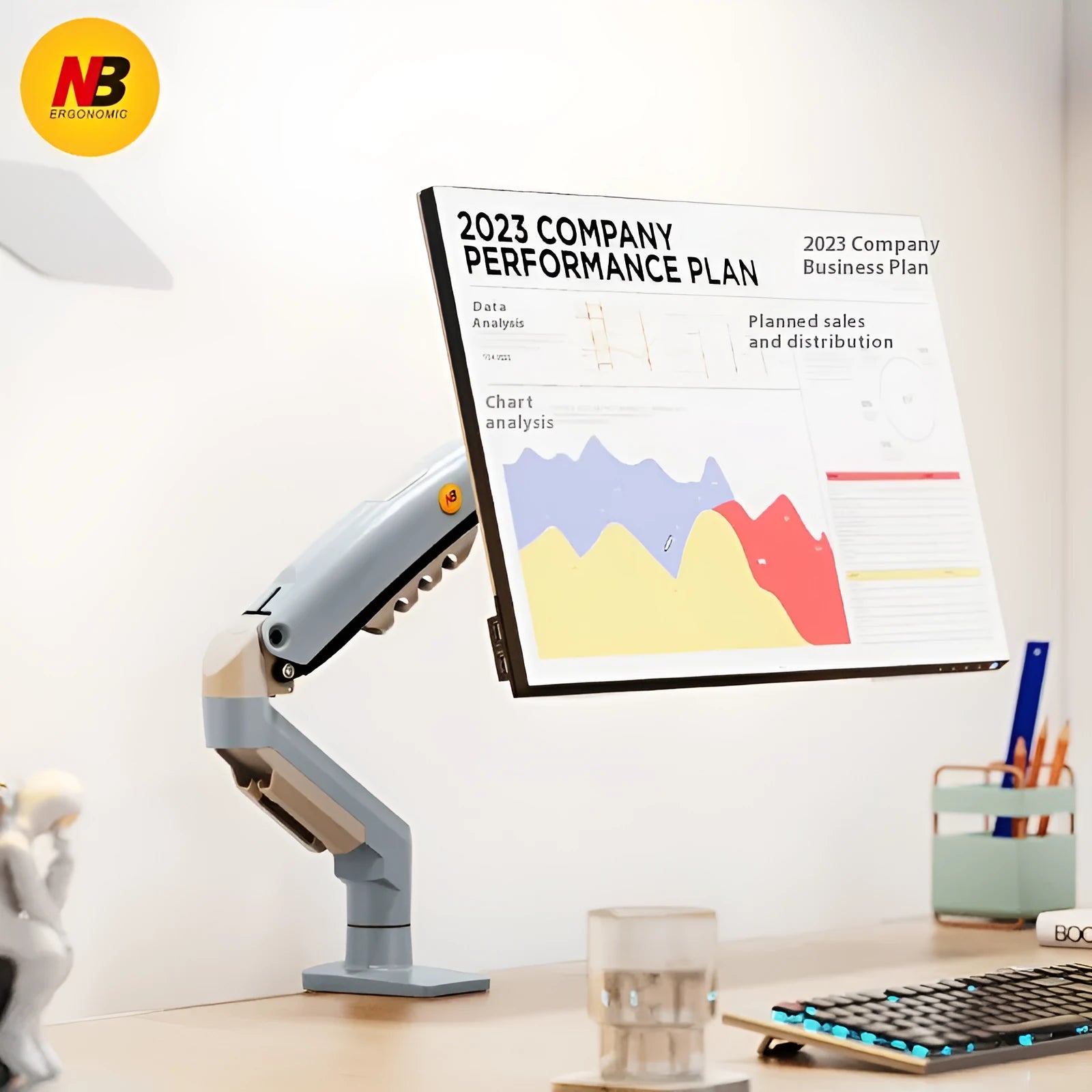 Grey aluminium alloy computer monitor bracket robotic arm F80-XV on a desk