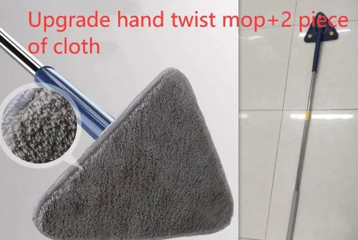 Blue and white extendable triangle cleaning mop with a rotating head on a long stainless steel pole.