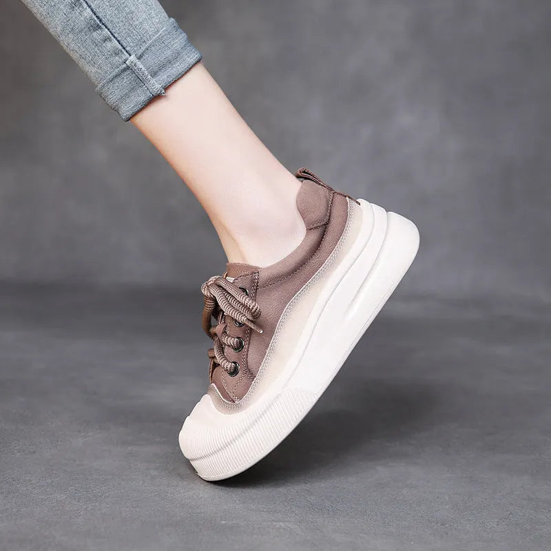 Women's yellow and brown cow leather lace-up casual shoes with round toe and rubber sole