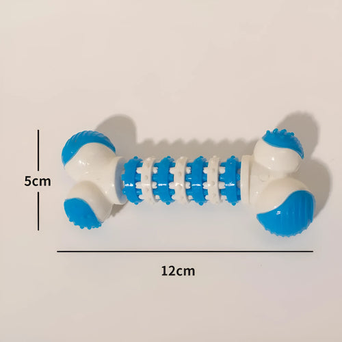 Blue, orange, and red bone-shaped interactive dog chew toy with textured ends and treat compartment.