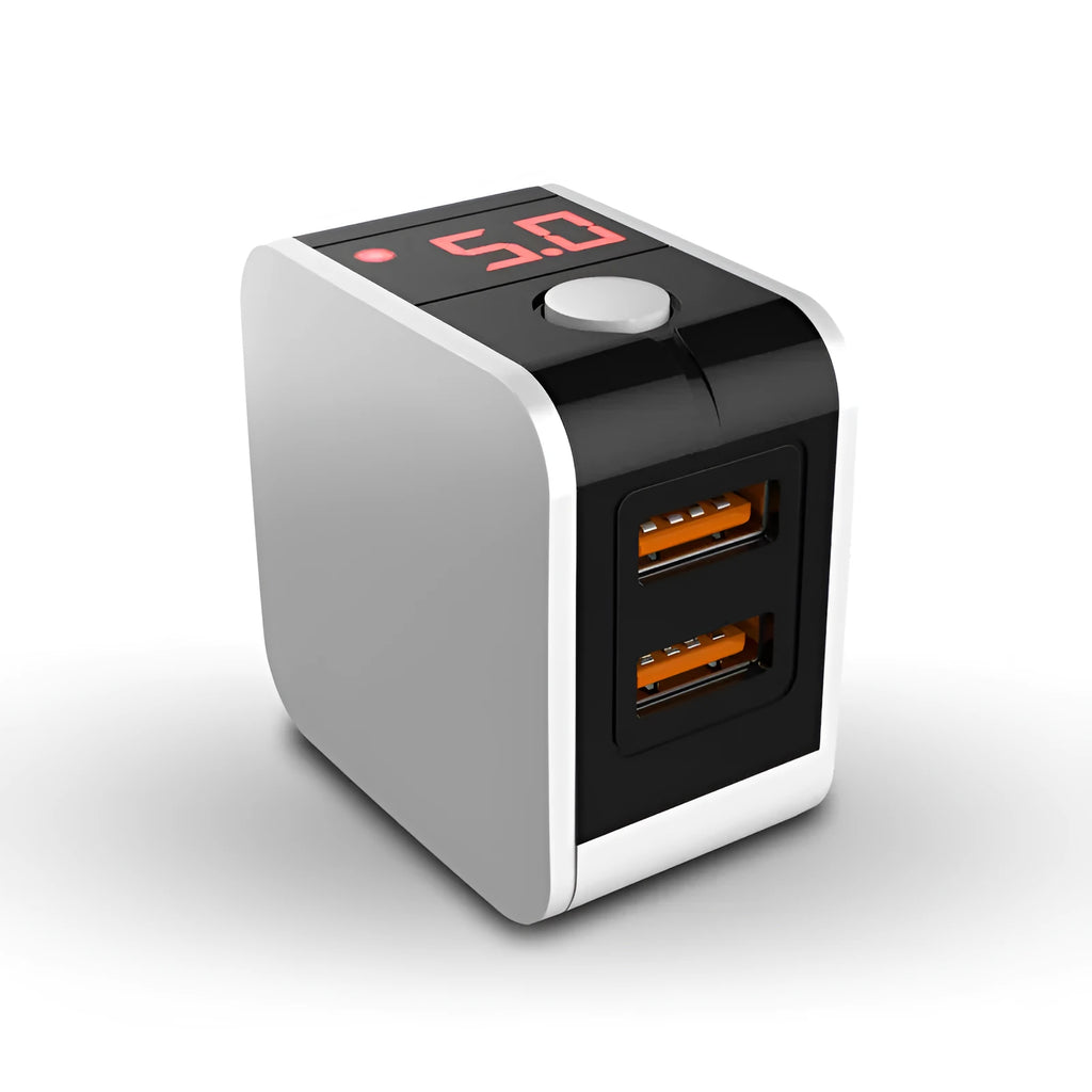 Black 5V2.4A dual USB fast charger with digital voltage display plugged into UK wall socket