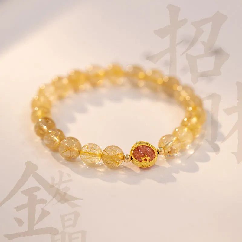 Natural gold rutilated quartz crystal bracelet with diamond-shaped beads in Korean style