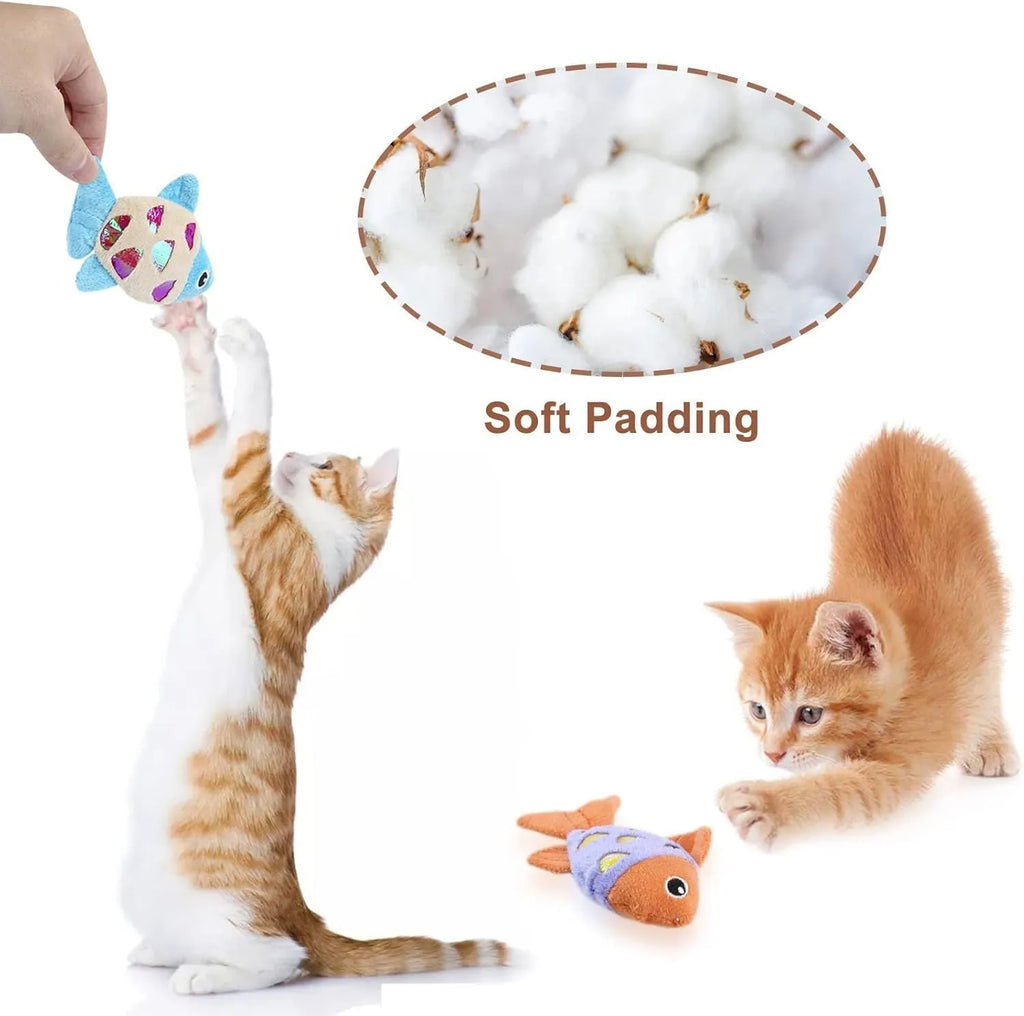Two goldfish-shaped cat toys in blue, orange, and pink colours with soft plush exterior