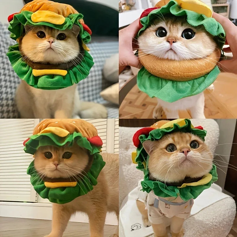 Soft fabric cat burger headdress collar with adjustable sizing on feline model