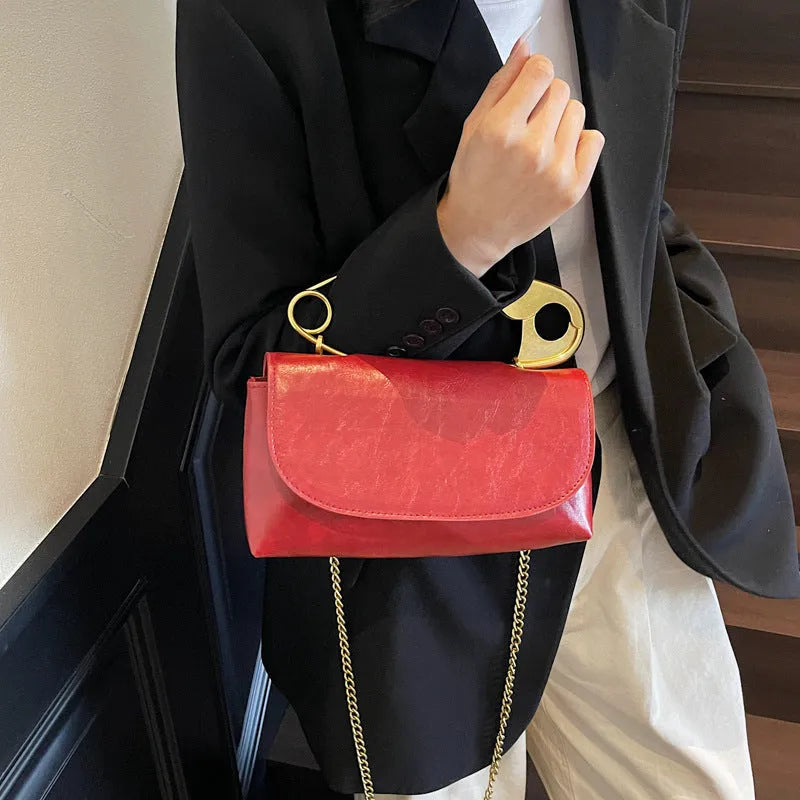 Creative paper clip design PU leather shoulder handbag in horizontal square shape with sandwich pocket