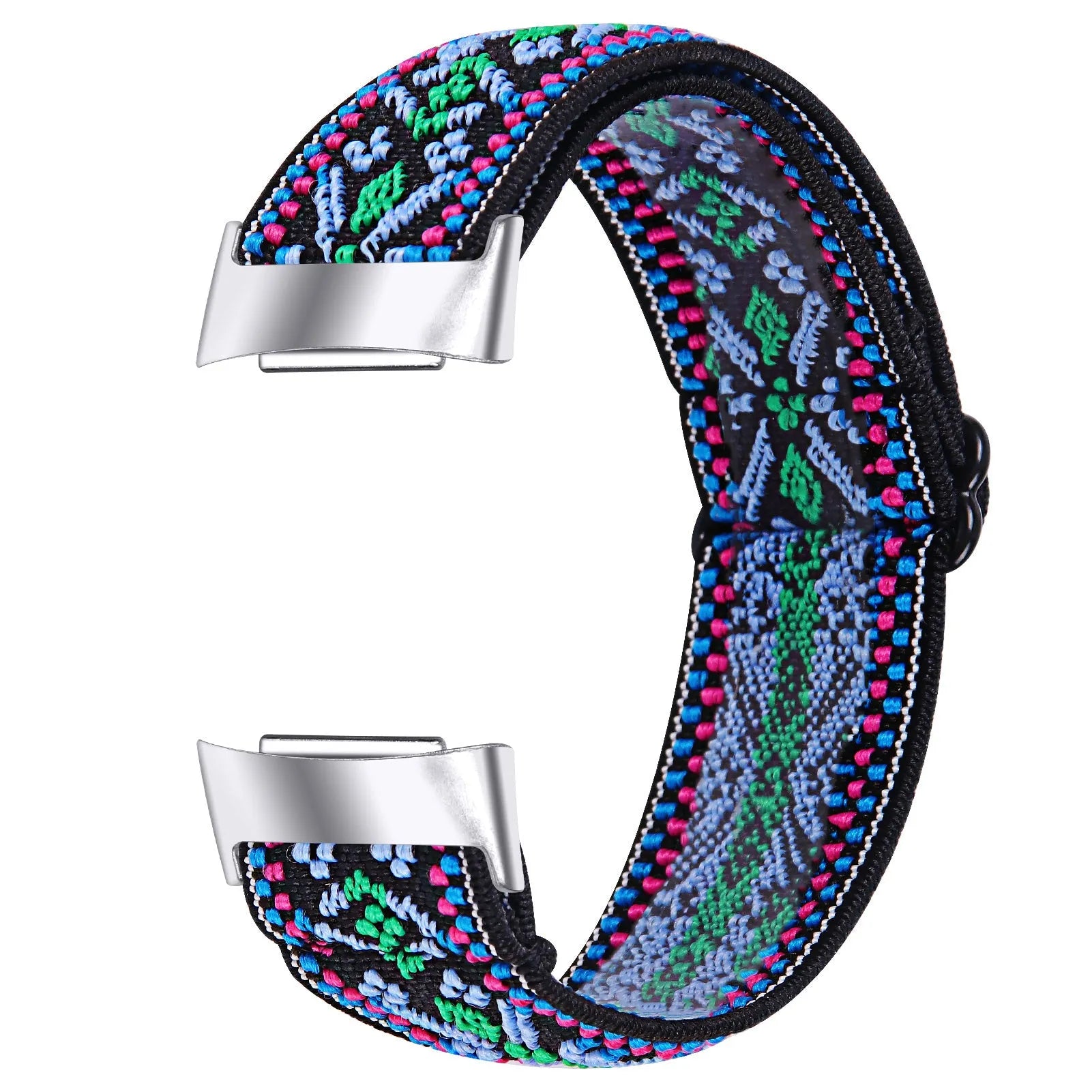Printed elastic replacement watch strap for Fitbit Charge 6 in assorted colours on a white background