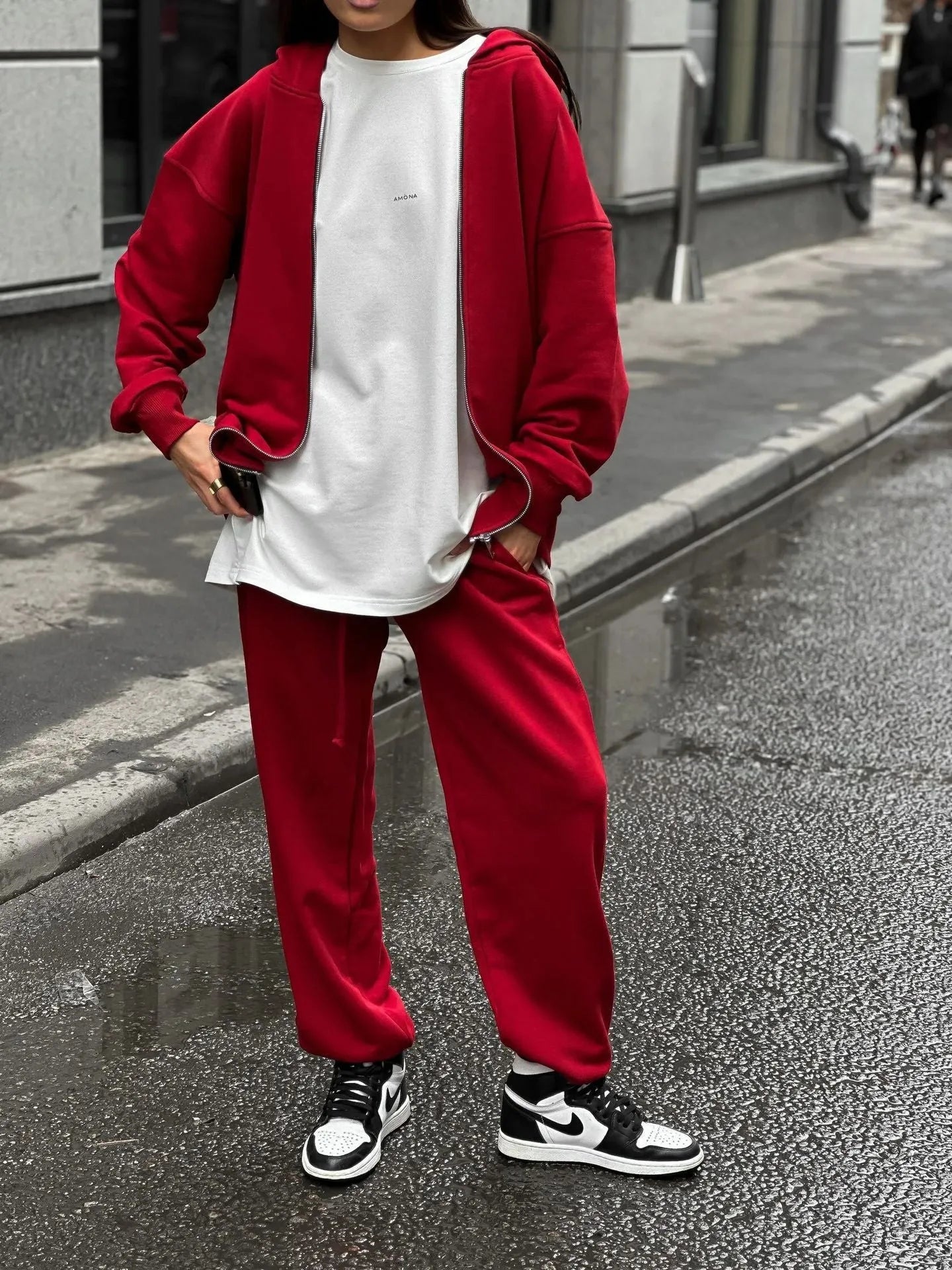 Red loose fit long sleeve coat and trousers two-piece women's street style set