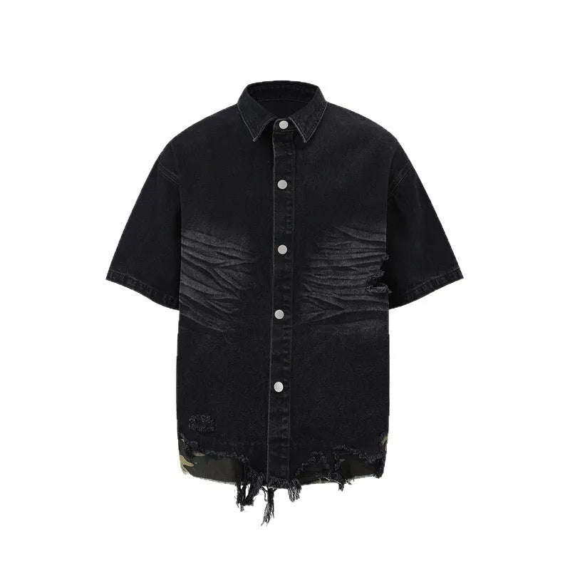 Cut edge stitching leopard print denim short sleeve suit set with black top and shorts
