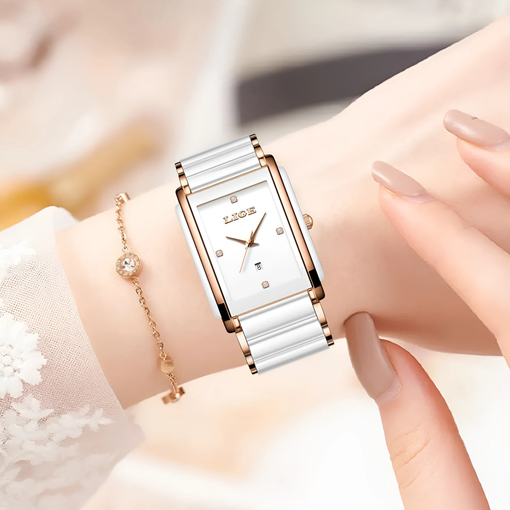 Fashion ceramic stainless steel couple quartz watch in rose gold black with antique style