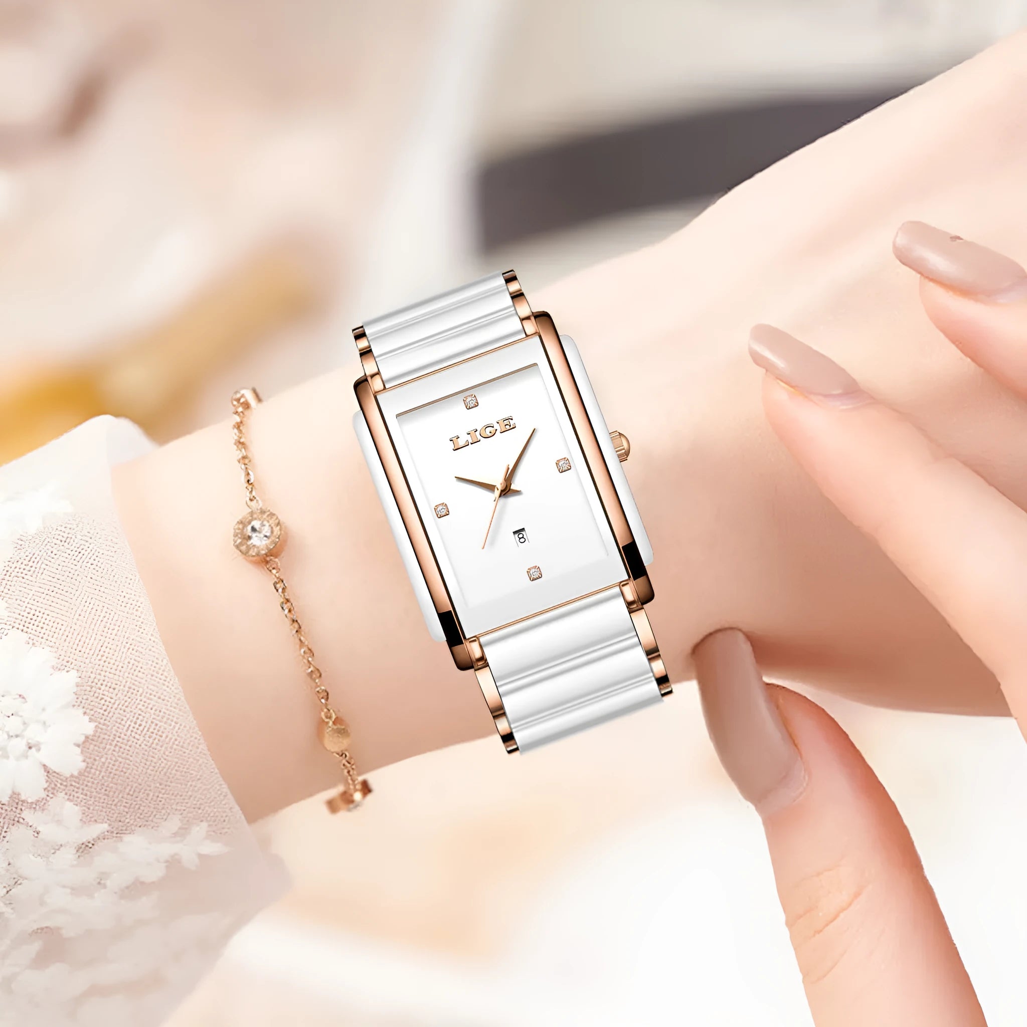 Fashion ceramic stainless steel couple quartz watch in rose gold black with antique style