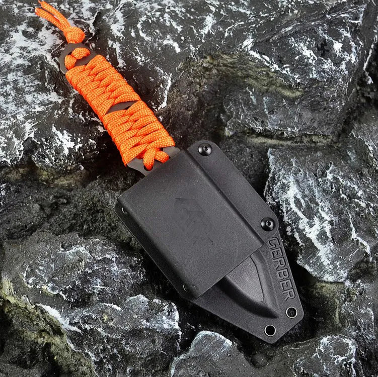 Outdoor straight knife with rope handle and ABS sheath showing 200mm length and sanded steel blade