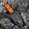 Outdoor straight knife with rope handle and ABS sheath showing 200mm length and sanded steel blade