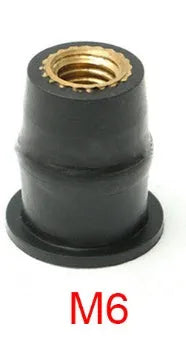 Pack of ten black brass expansion rubber well nut fasteners for motorcycle bodywork in M4, M5, and M6 sizes.