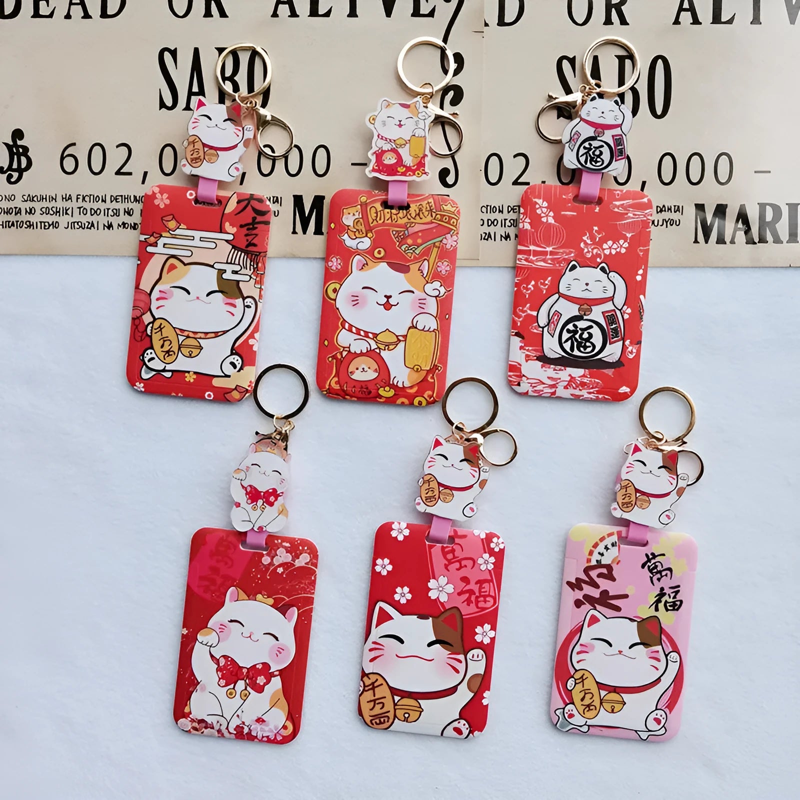 Lucky Cat cartoon design plastic certificate sleeve with gold ferrule pendant for document protection