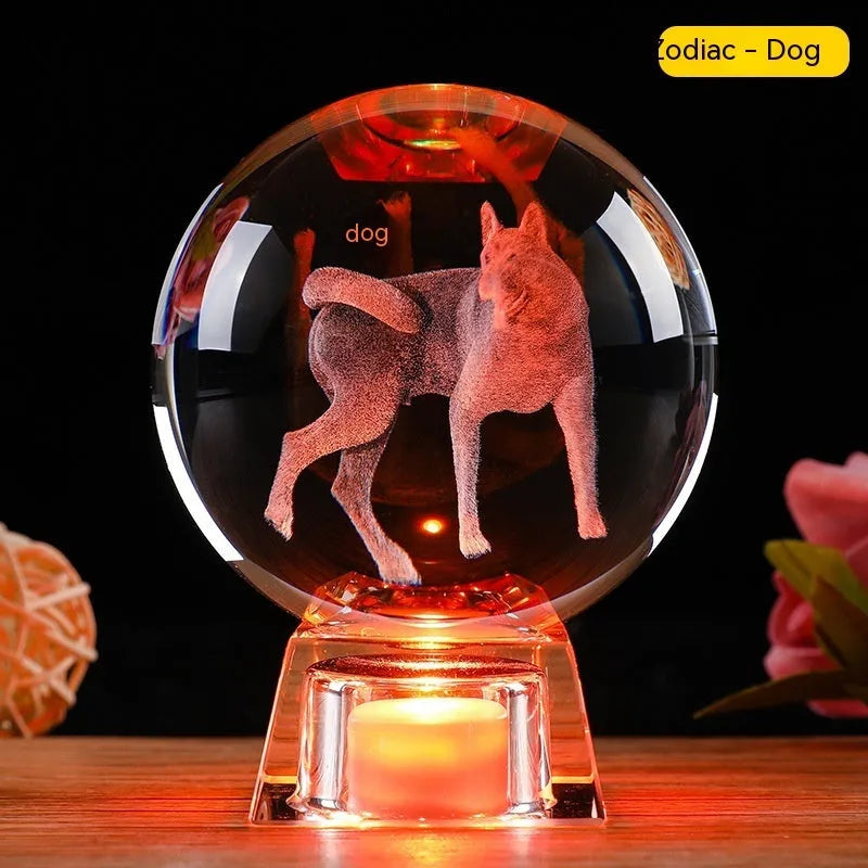 Chinese zodiac crystal ball decorative craft with electronic base showing white crystal sphere and animal sign options