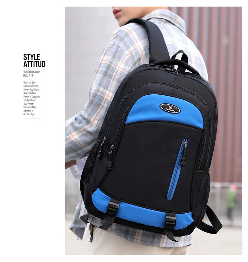 Black waterproof nylon high school backpack with airpillow straps, shown alongside red, blue, and gray colour options.