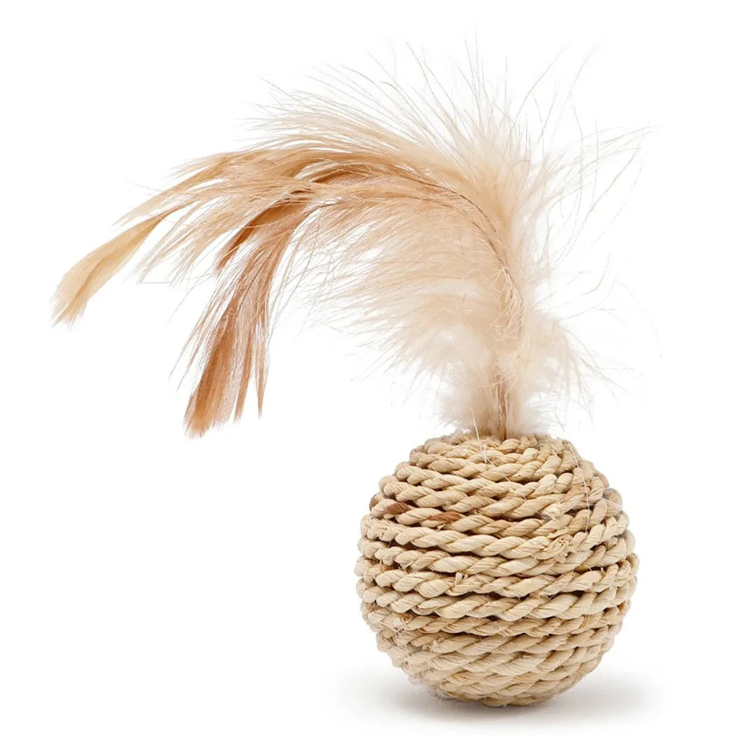 Two cat toy balls: one rattan ball and one faux feather ball with bell on a plain background.