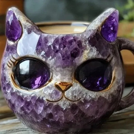 Purple handmade resin mug with a geode crystal design and a cat sculpture on the side.
