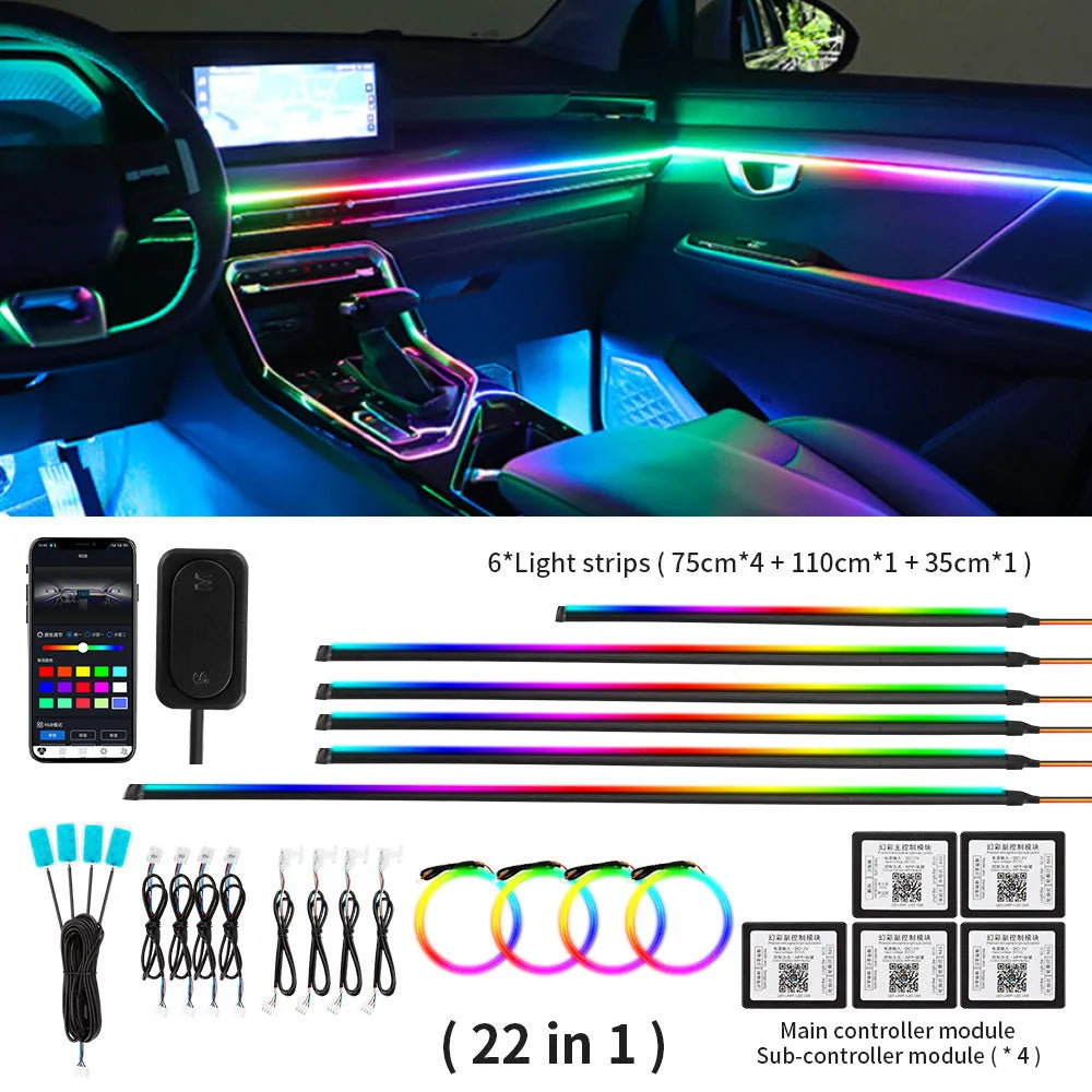 Hidden LED streamer 18in1 dynamic car ambience light with clear acrylic bar in a vehicle interior
