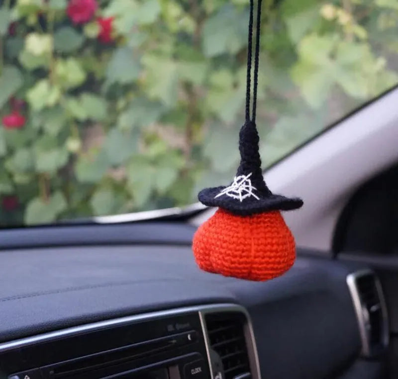 Polyester plush hand-woven cartoon automobile hanging ornament showing Halloween bat and ghost designs.