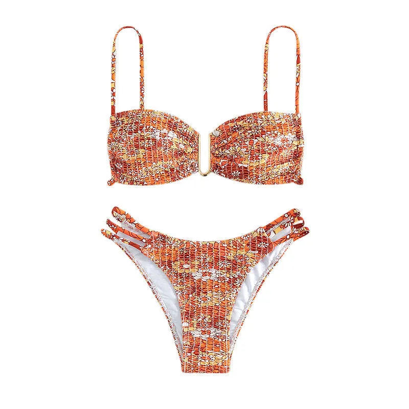 Women's floral high-waist bikini swimsuit in solid colour with separate bra and panties