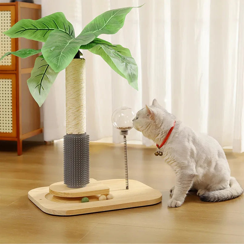 Vertical solid wood cat scratching post in canna colour with chamfered edges on a wooden column.