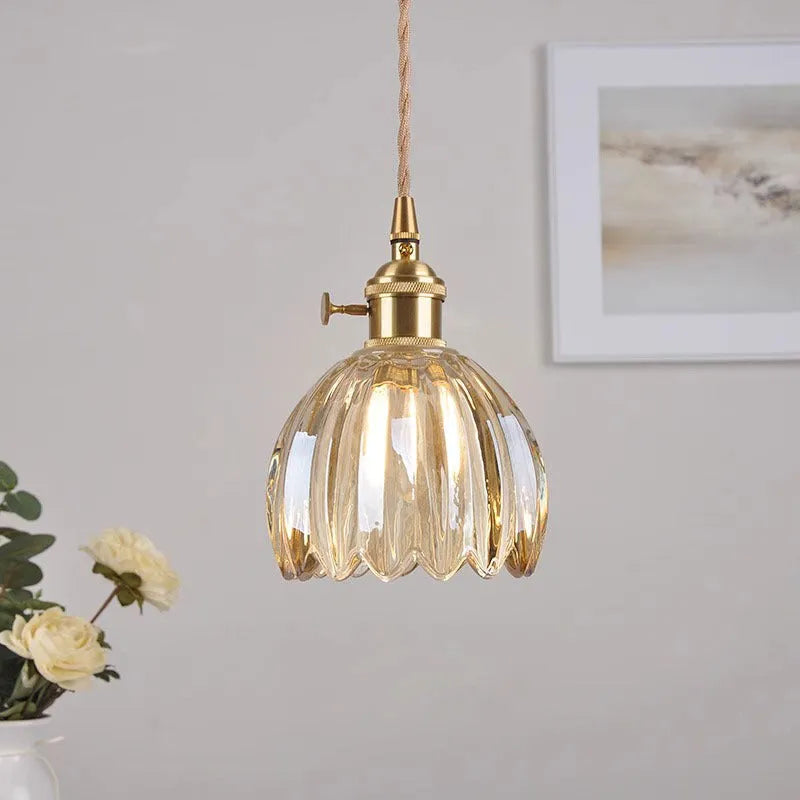 Vintage Nordic style glass flower chandelier with coloured shades in bedroom setting