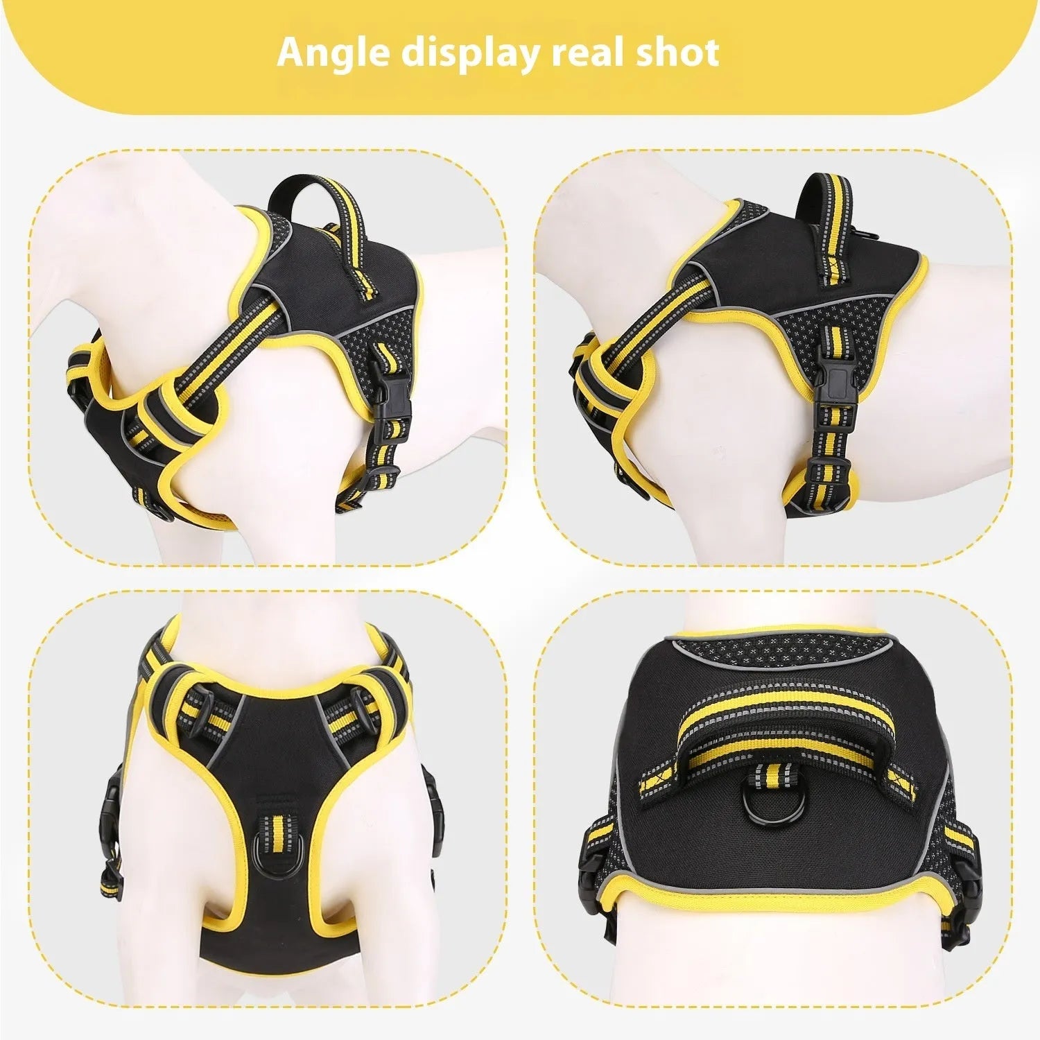 Orange polyester dog harness and lead set shown on size chart for S, M, and L specifications.