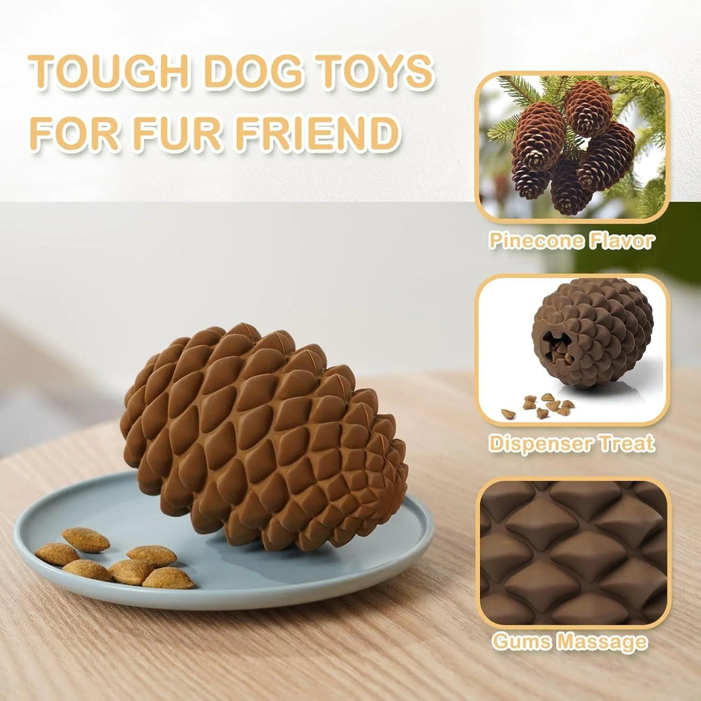 Yellow pine cone-shaped natural rubber dog chew toy with textured surface.
