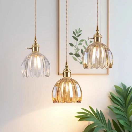 Vintage Nordic style glass flower chandelier with coloured shades in bedroom setting