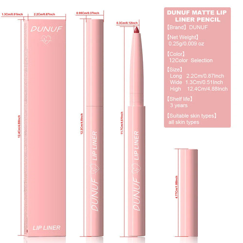 Set of twelve velvet matte lip liner pencils in different colours numbered 01 to 12