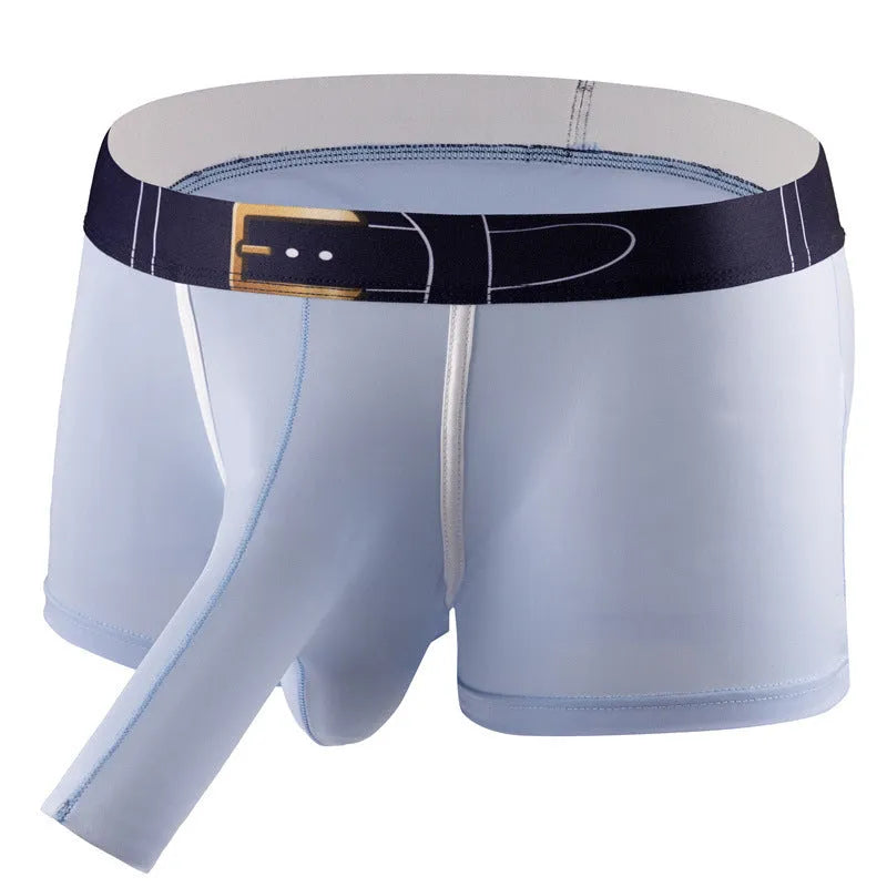 A pair of solid grey men's ice silk boxers laid flat, showing the mid-waist design.