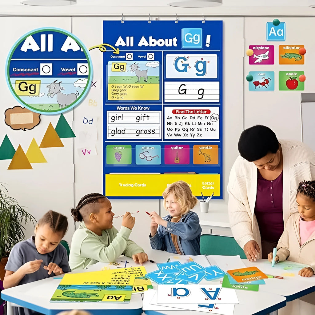 Large blue alphabet learning sleeve chart with scattered word, letter, and picture cards for children.