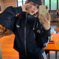 Retro baseball jacket for women slim fit solid colour navy blue polyester short length with pocket