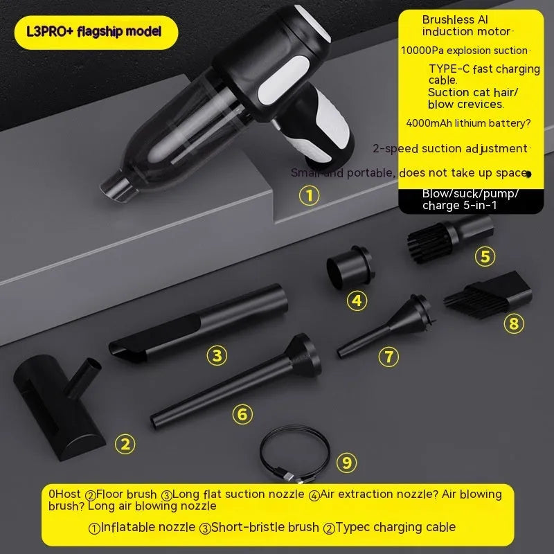 Handheld car vacuum cleaner with nozzle attachments in black, white, or grey colours