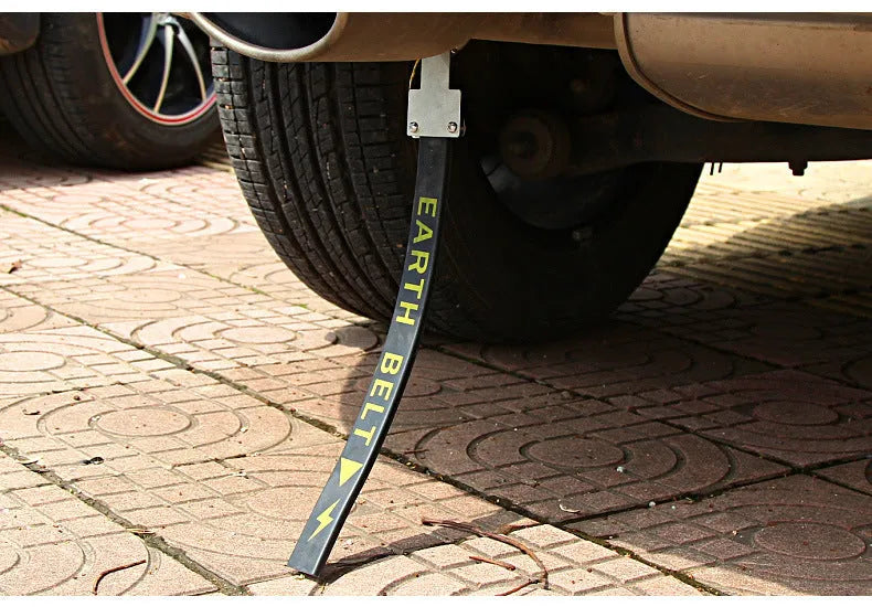 Black rubber car electrostatic grounding belt with metal clip and chain, 37cm long, for static discharge.