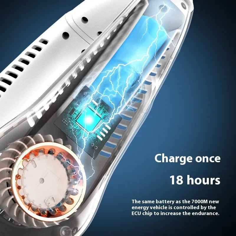 Portable bladeless bracket fan with digital display in dual battery blue variant