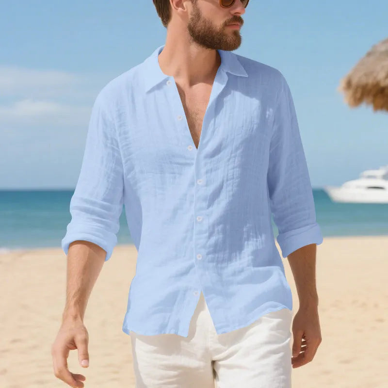 Man wearing a relaxed-fit light blue linen casual shirt with a non-iron finish