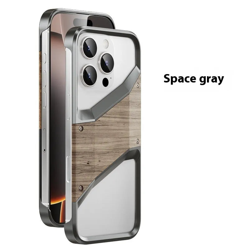 Hollow solid wood phone case with aluminium alloy frame in desert gold colour for iPhone