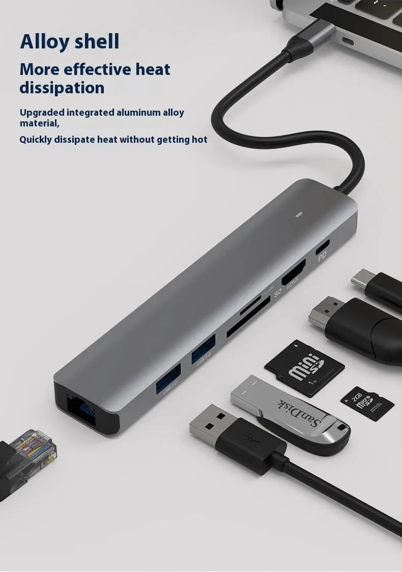 Silver 7-in-1 USB-C laptop hub showing HDMI, USB-C PD, USB 3.0, and SD card ports