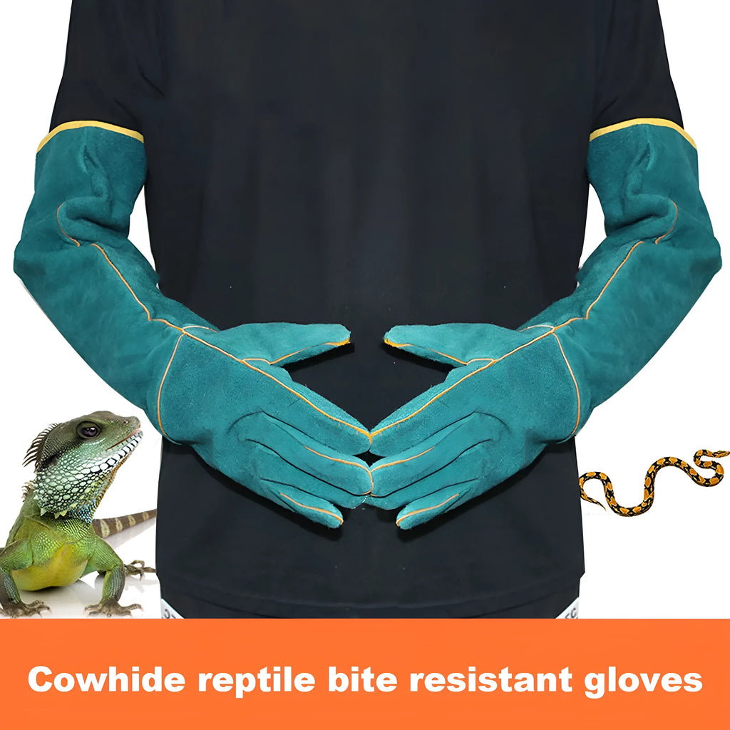 Dark green leather pet handling gloves with extended sleeve cuffs for animal bite protection