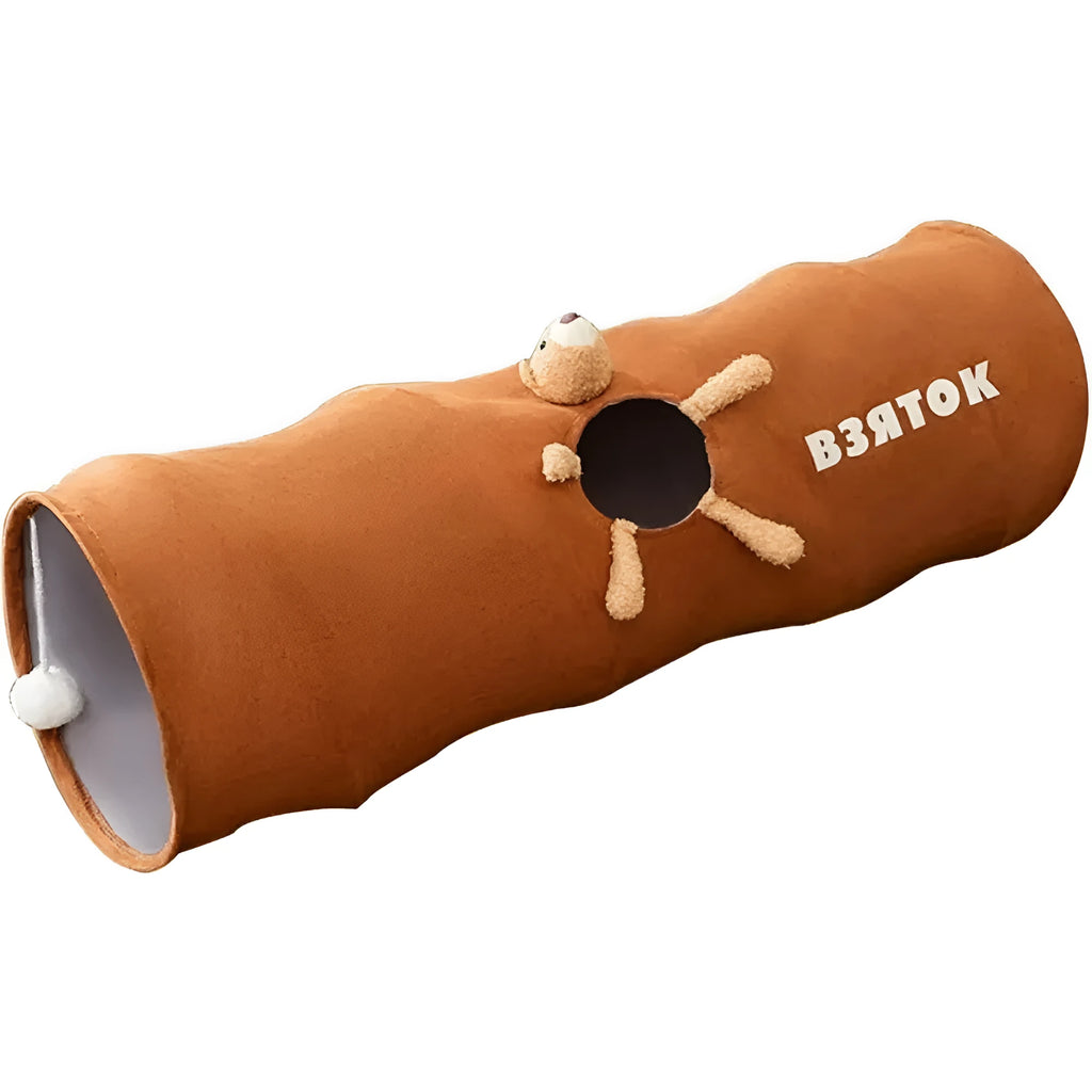 Collapsible cat tunnel with plush ball toy in brown or grey colour options