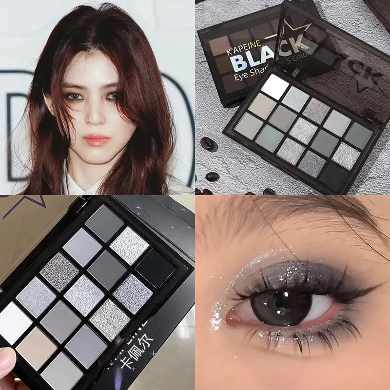 15 colour eyeshadow palette with smoky grey, black and brown shades for neutral skin