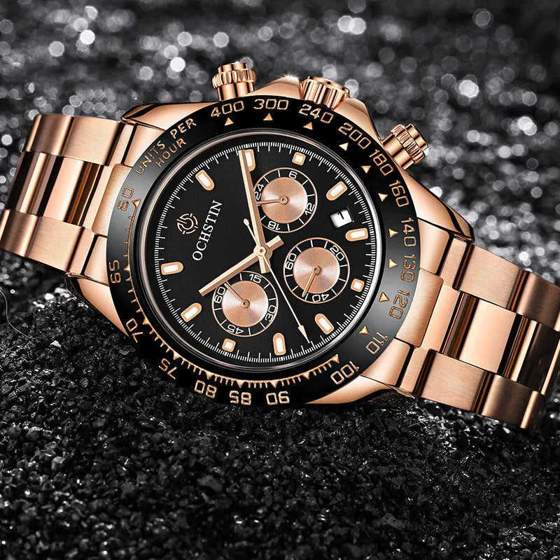 Stainless steel waterproof watch with multifunction dial, 43mm case, mineral glass cover, rose gold finish